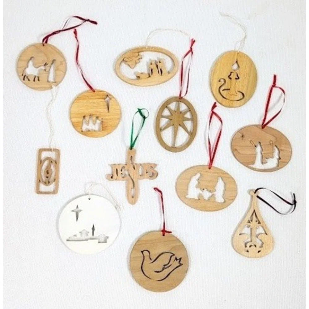 12 Set Vintage Wooden Christmas Ornaments Religious Nativity Jesus Star Handmade